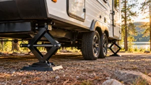 Travel trailer parked on a gravel campsite with black scissor stabilizer jacks lowered onto stable ground