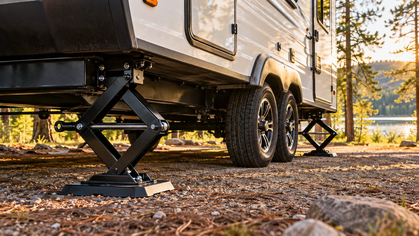 Travel trailer parked on a gravel campsite with black scissor stabilizer jacks lowered onto stable ground
