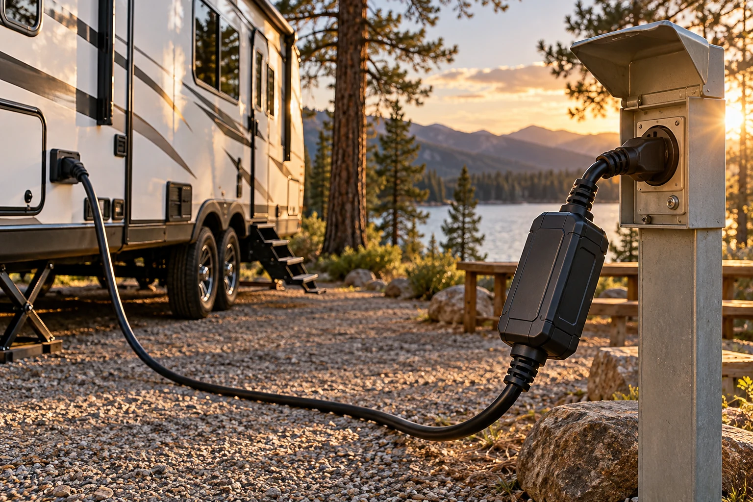 Travel trailer connected to campground shore power through a portable RV electrical protector at sunset