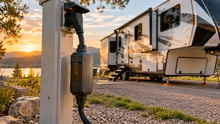 Fifth-wheel RV at a lakeside campsite with a portable shore power protection device attached to the pedestal