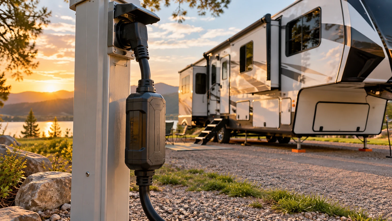 Fifth-wheel RV at a lakeside campsite with a portable shore power protection device attached to the pedestal