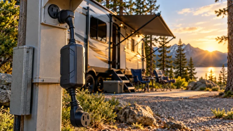 30 amp RV shore-power surge protector connected near campsite pedestal beside a travel trailer at sunset