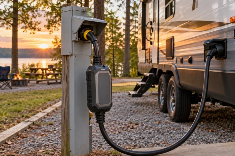 RV connected through an inline electrical protection device to a campground pedestal beside a lake at sunset