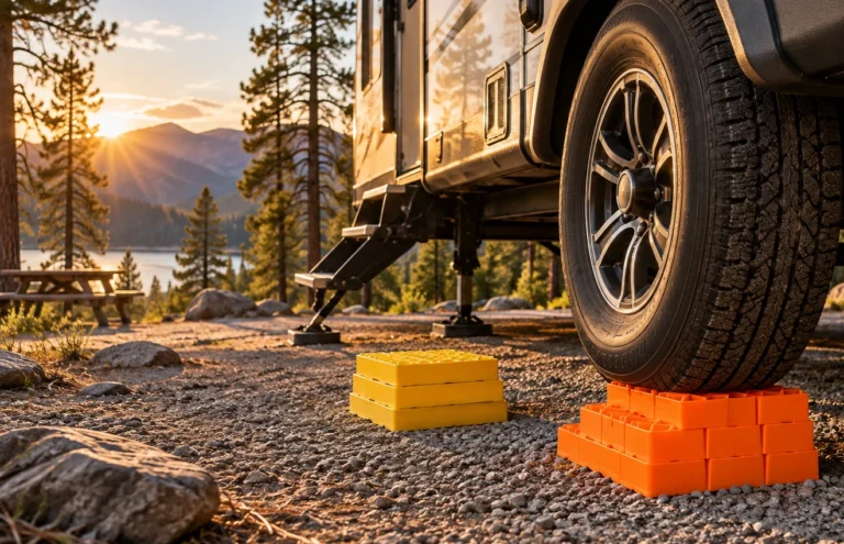 Travel trailer wheel supported by stacked orange RV leveling blocks at a golden-hour campsite