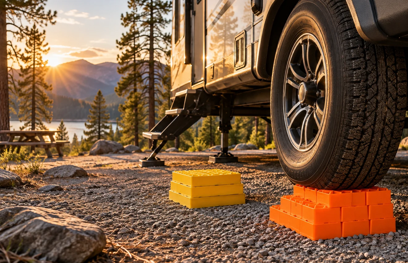 Travel trailer wheel supported by stacked orange RV leveling blocks at a golden-hour campsite