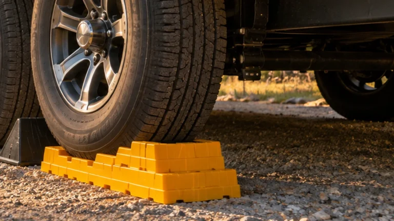 Close-up of travel trailer tire resting on stepped yellow leveling blocks with wheel chock on gravel