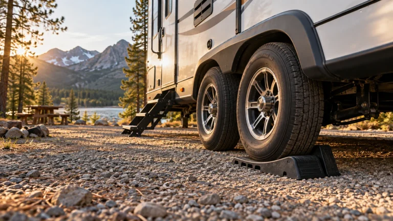 Tandem-wheel travel trailer at a lakeside campsite with a black drive-on leveling ramp under one tire