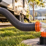 Clear 90-degree RV sewer hose elbow connecting the corrugated waste hose of a travel trailer to a campground sewer inlet