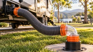 Clear 90-degree RV sewer hose elbow connecting the corrugated waste hose of a travel trailer to a campground sewer inlet