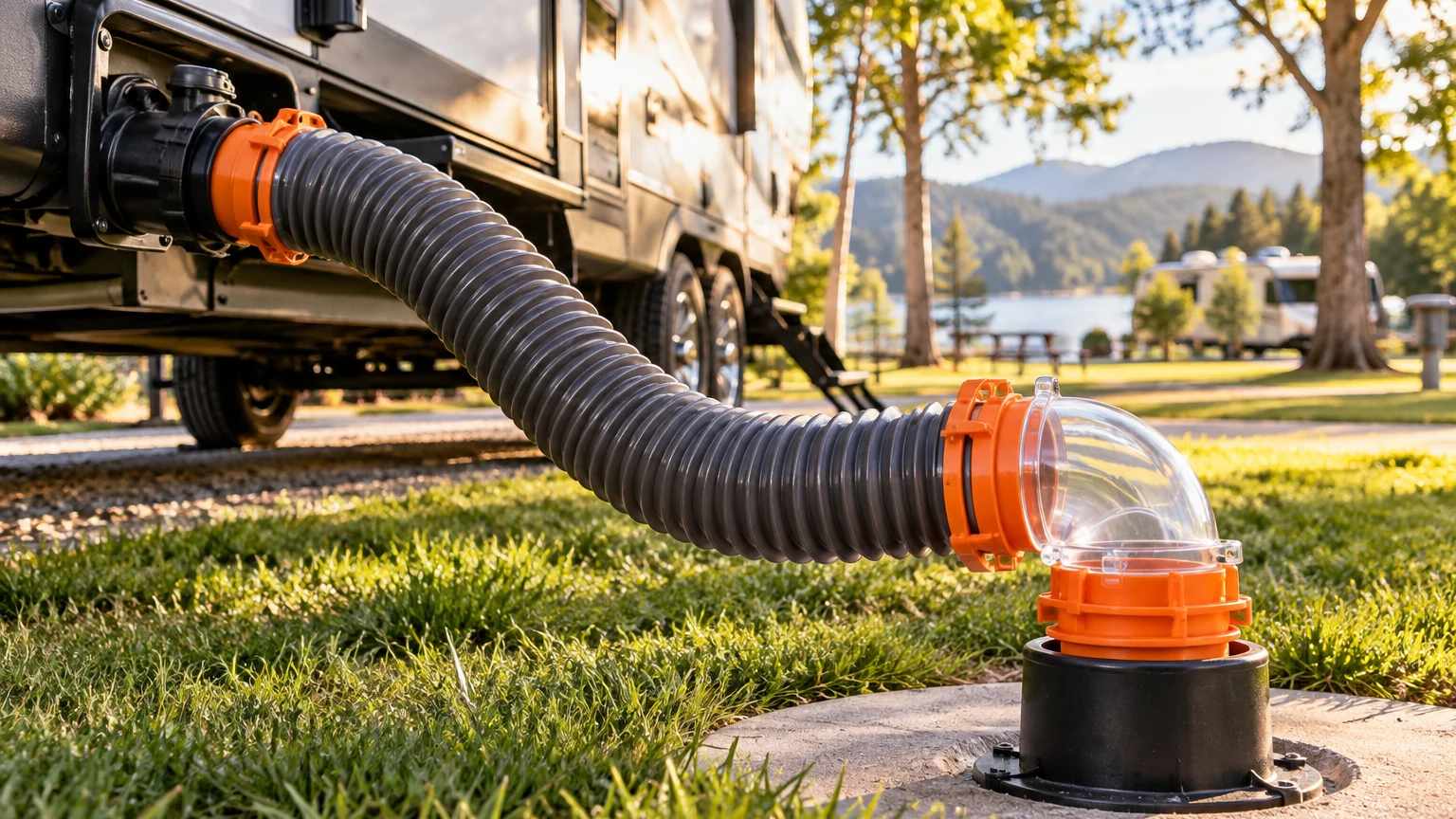 Clear 90-degree RV sewer hose elbow connecting the corrugated waste hose of a travel trailer to a campground sewer inlet