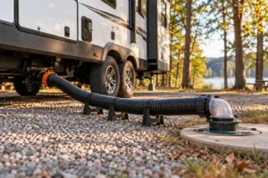 Travel trailer with corrugated RV sewer hose routed on supports to a clear elbow at a campground sewer inlet