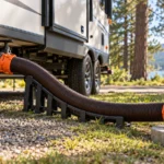 Black corrugated RV sewer hose on a support leading from a trailer waste outlet to a campground sewer inlet with a clear elbow