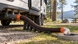 Black corrugated RV sewer hose on a support leading from a trailer waste outlet to a campground sewer inlet with a clear elbow