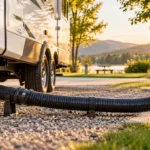 Travel trailer connected to a campground sewer inlet with an extended corrugated black sewer hose supported above gravel at golden hour