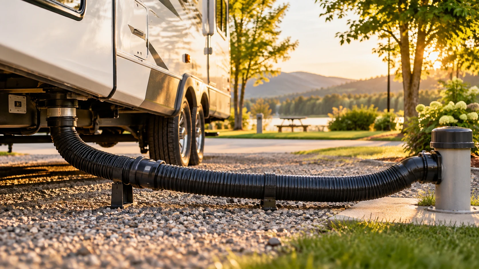 Travel trailer connected to a campground sewer inlet with an extended corrugated black sewer hose supported above gravel at golden hour