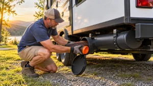 RV owner placing a sewer hose into a black exterior storage tube beneath a travel trailer at a lakeside campsite