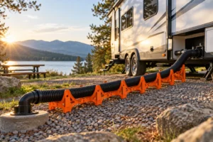 Travel trailer at a lakeside campground with a black RV sewer hose resting on orange supports along a downhill run