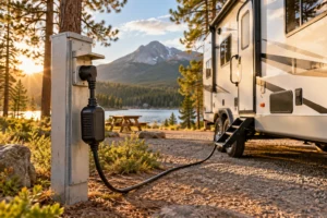 Travel trailer connected through a portable electrical protection unit to a campground shore-power pedestal at sunset