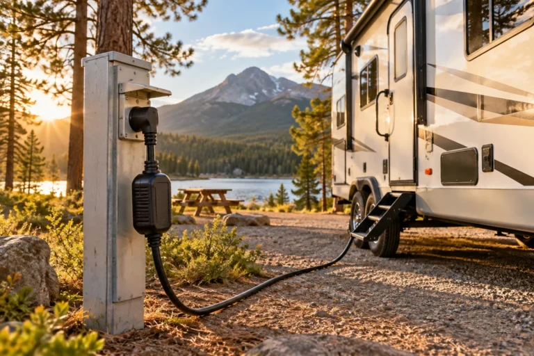 Travel trailer connected through a portable electrical protection unit to a campground shore-power pedestal at sunset