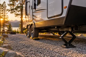 Travel trailer on campsite with wheel-leveling ramps and deployed scissor stabilizer jack
