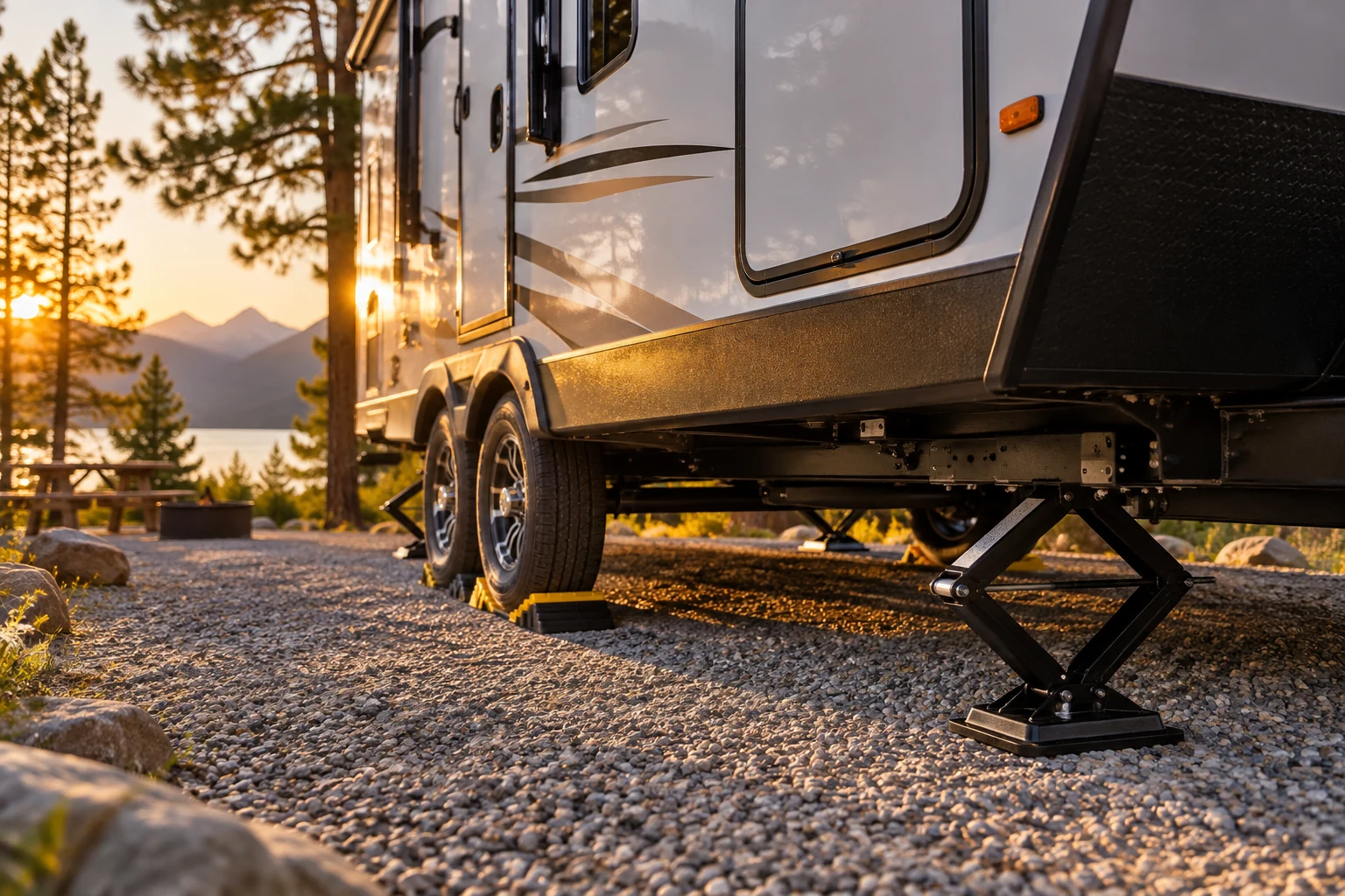 Travel trailer on campsite with wheel-leveling ramps and deployed scissor stabilizer jack