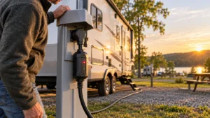 RV owner checking an illuminated shore-power surge protector at a campground power pedestal beside a travel trailer at sunset