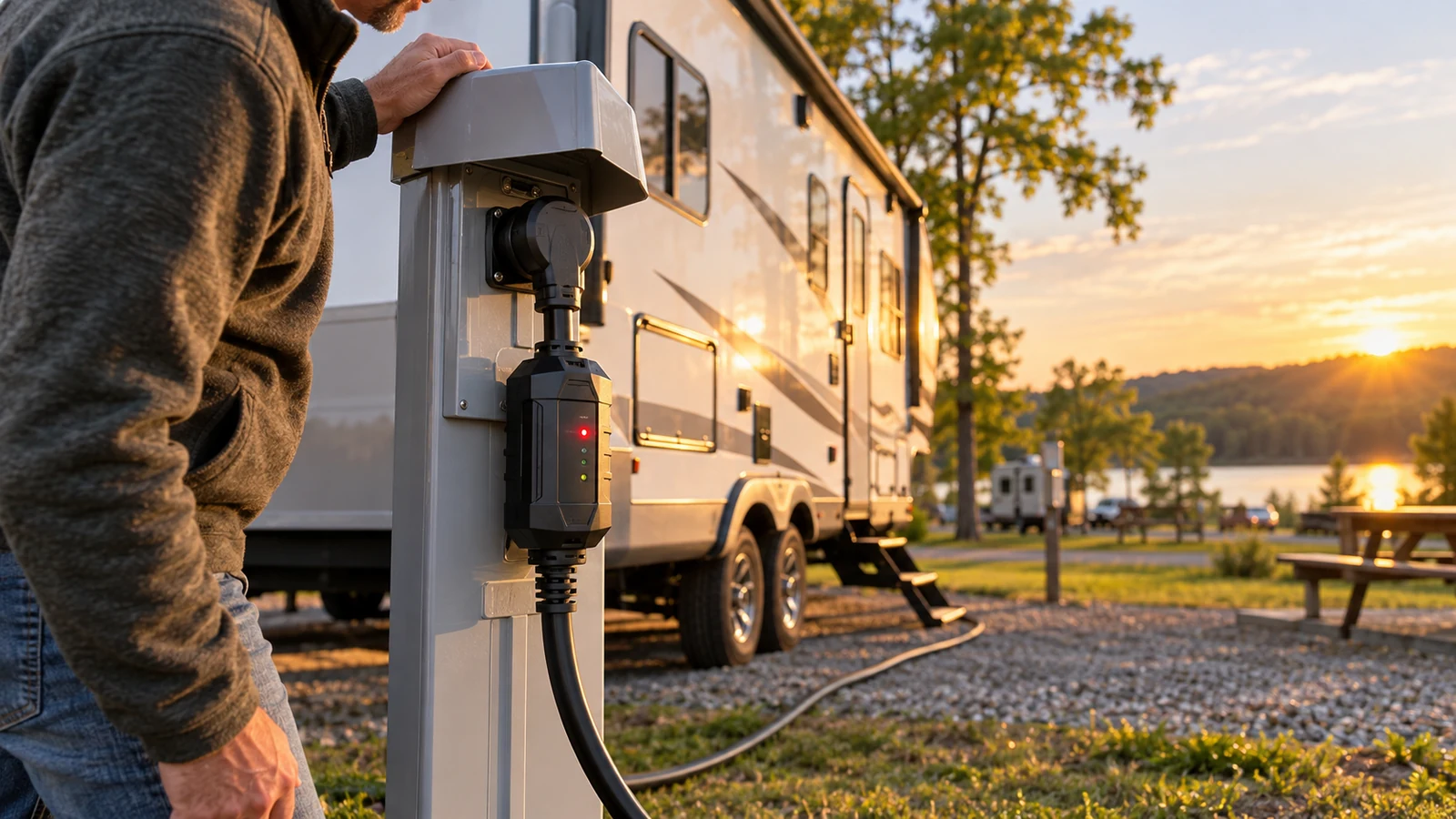 RV owner checking an illuminated shore-power surge protector at a campground power pedestal beside a travel trailer at sunset