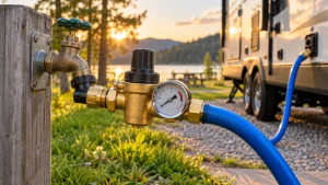 Brass RV water pressure regulator with dial gauge attached to a campground faucet and blue drinking-water hose beside a travel trailer at sunset