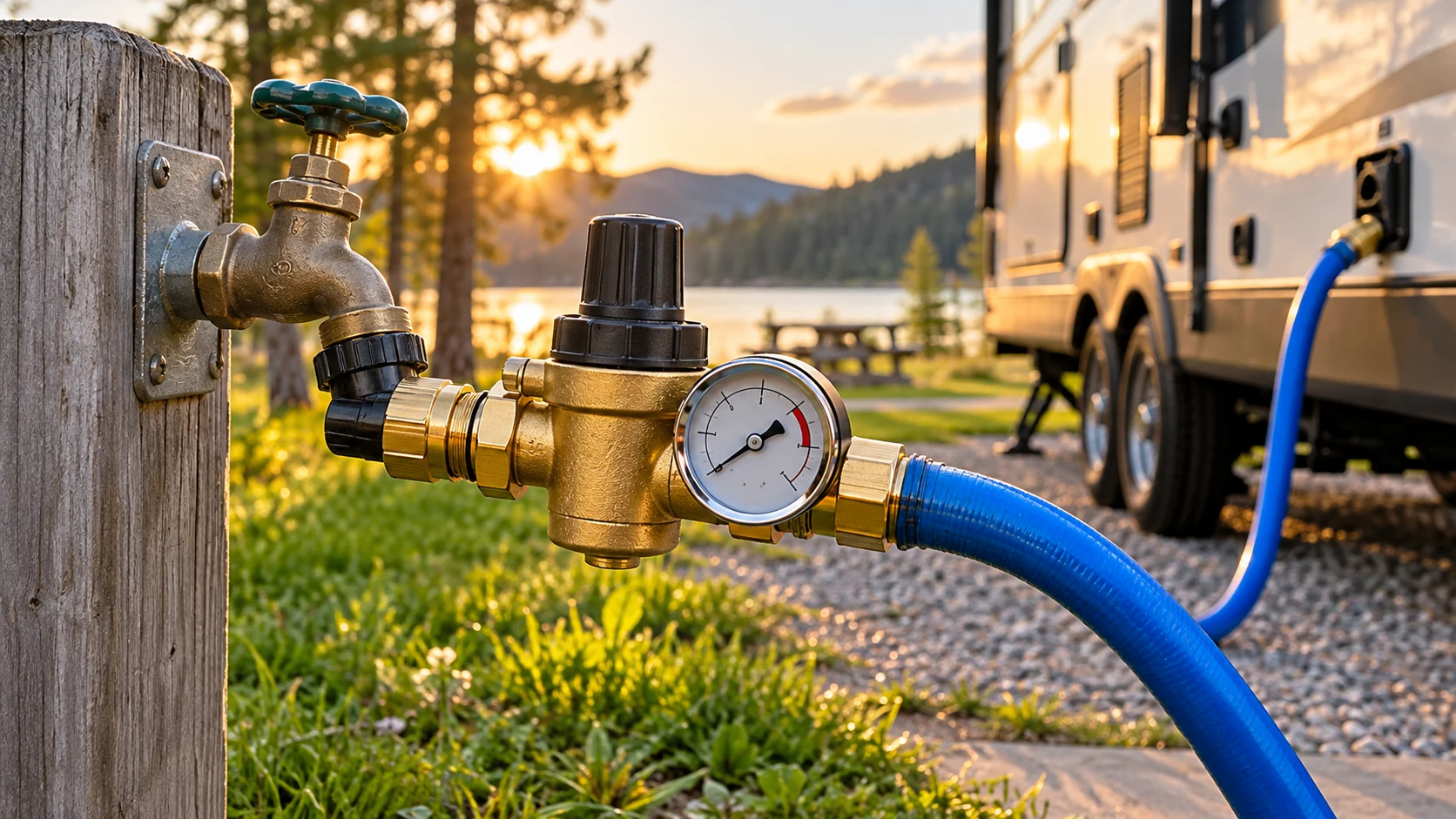 Brass RV water pressure regulator with dial gauge attached to a campground faucet and blue drinking-water hose beside a travel trailer at sunset