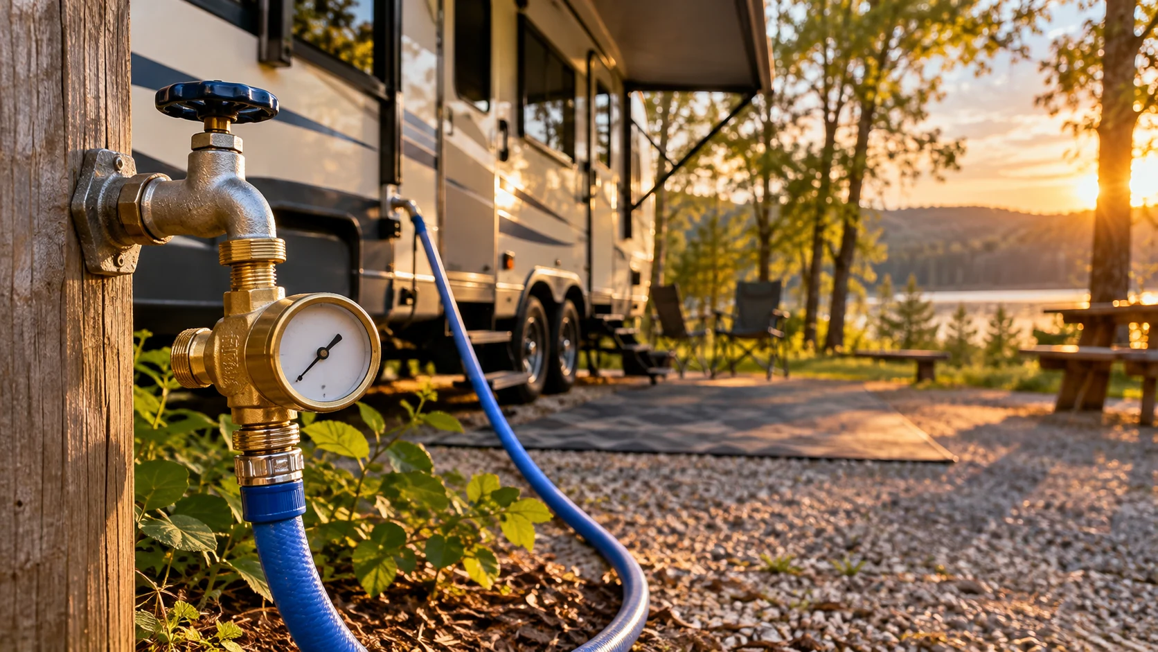 Brass water pressure regulator and gauge attached to a campground spigot beside a travel trailer at sunset