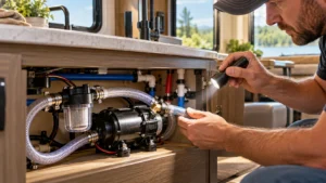 RV owner inspecting an exposed onboard fresh water pump, clear strainer and hose fittings inside a camper cabinet