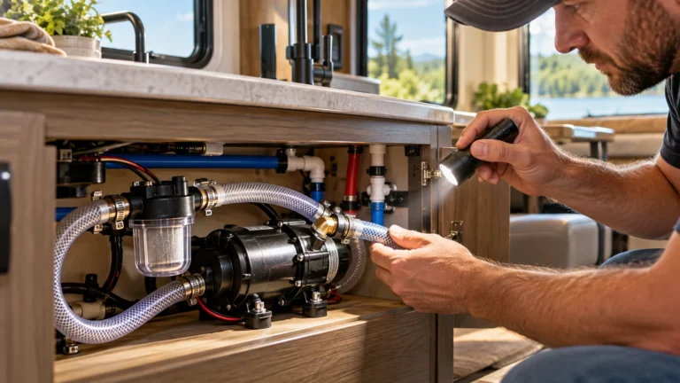 RV owner inspecting an exposed onboard fresh water pump, clear strainer and hose fittings inside a camper cabinet