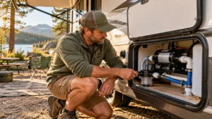 RV owner examining the pump inlet strainer in an exterior trailer service compartment at a lakeside campsite