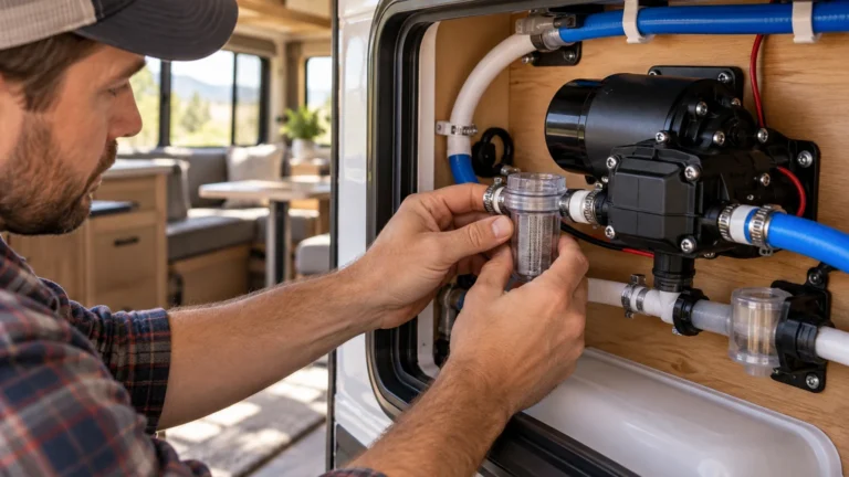 RV owner inspecting a compact freshwater pump and inlet strainer inside a trailer service compartment
