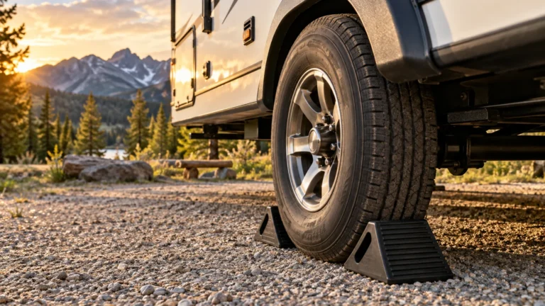 Two black wheel chocks positioned around a travel trailer tire on a firm gravel campsite at sunset