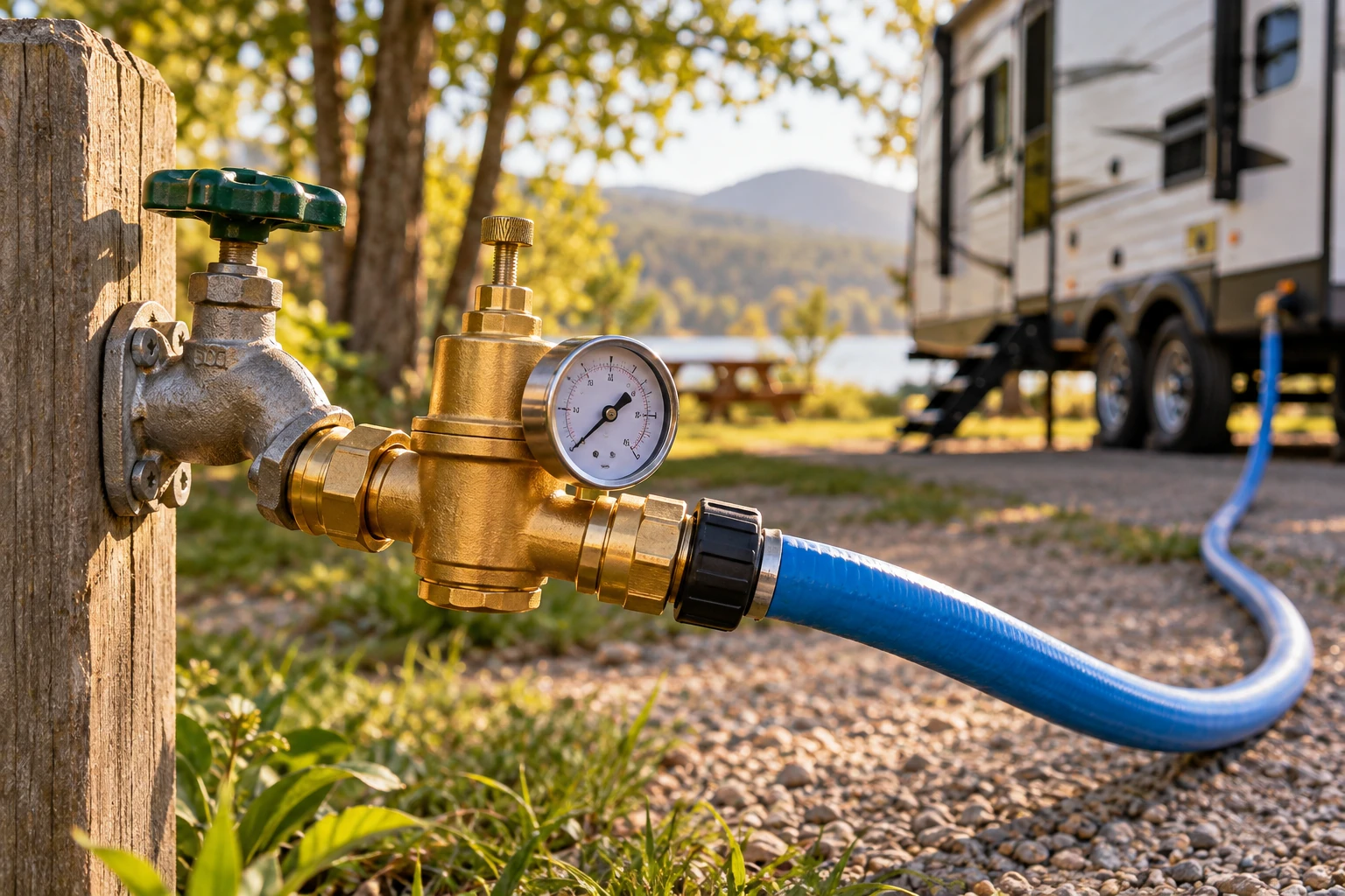 Brass adjustable water-pressure regulator and analog gauge at a campground spigot connected to a blue freshwater hose beside a travel trailer