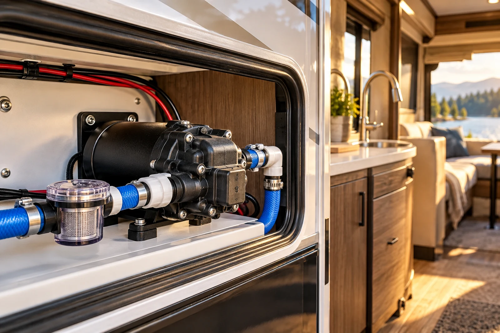 12V RV fresh water pump and inlet strainer mounted inside a camper plumbing service compartment